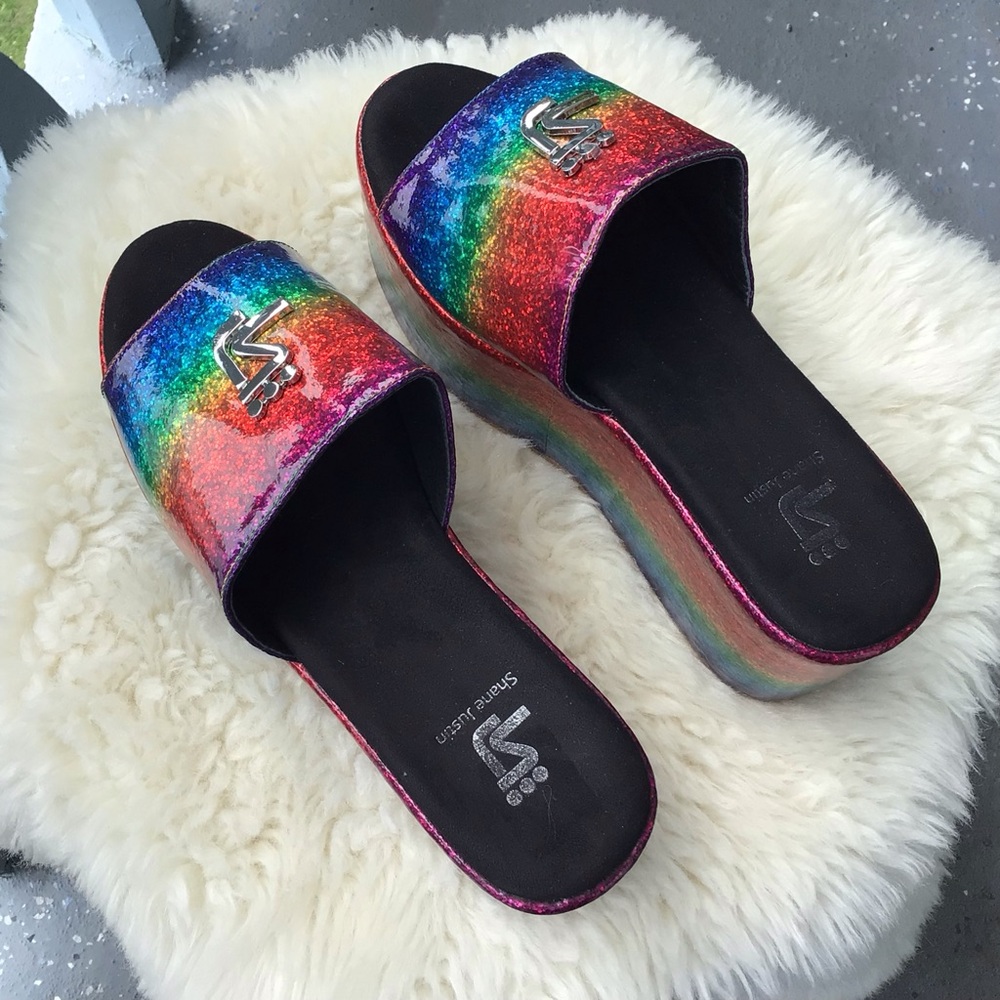 Shane Justin Platform Slide Sandals - Rainbow Glitter